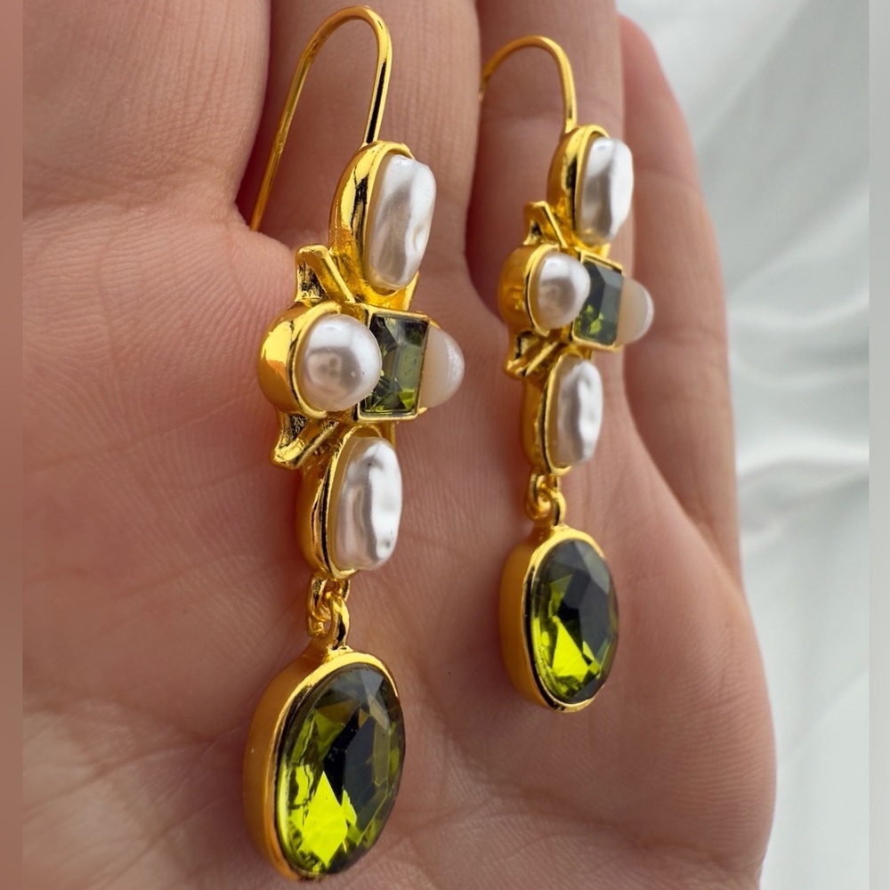 Timeless Pearl & Green Stone Earrings β Quiet Luxury Look - Picture 5 of 5